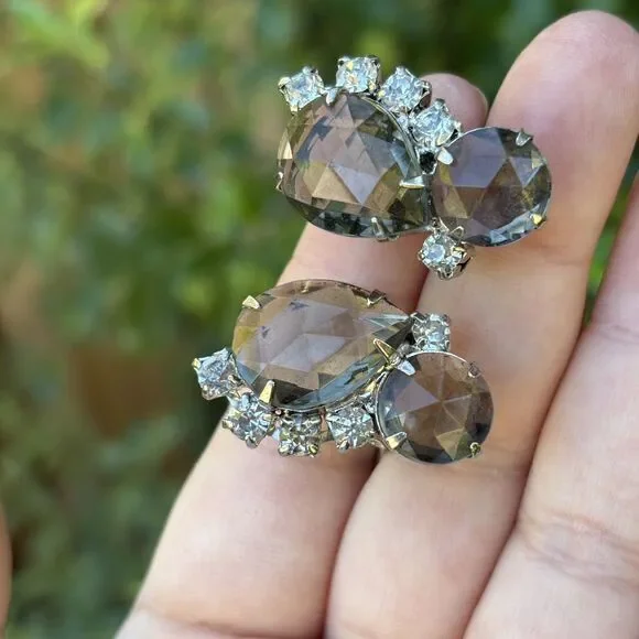 Vintage Rhinestone Brooch & Earrings Set Silver Tone Gray Clear Stones Open Back - Picture 6 of 8